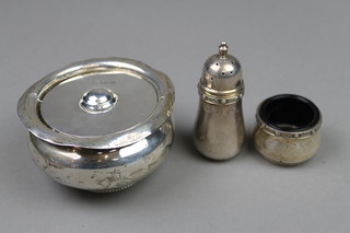 A silver baluster ashtray with patent swivel lid, Sheffield 1907, approx 164 grams, a pepper and a mustard