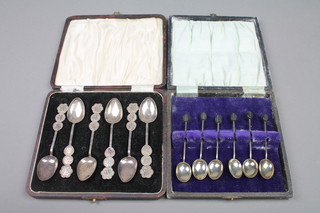 A set of 6 cased silver Chinese teaspoons and a cased set of silver coffee bean spoons, Birmingham 1924