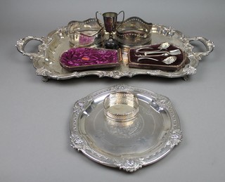 A silver plated chased 2 handled tray with Rococo decoration 25", 2 coasters, a salver and 3 other items