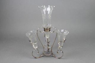 An Edwardian silver plated epergne with 4 cut glass trumpets 12" 