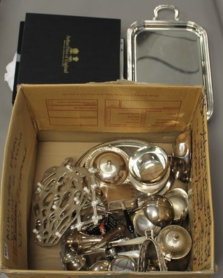 A silver plated 2 handled tray and minor plated items
