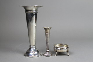 A Sterling silver table salt on scroll legs, a silver tapered posy vase 4 3/4" and another 8" 