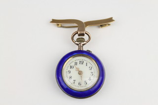 An Edwardian gilt and guilloche enamel fob watch on a 9ct pin