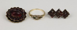 An antique gold gem set ring, 2 brooches