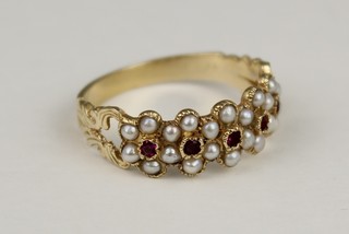 A yellow gold seed pearl and gem set ring, size N 1/2
