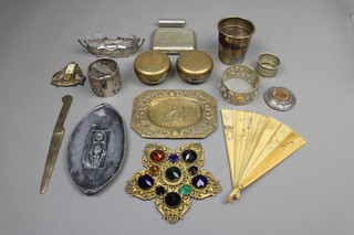 An Art Nouveau repousse 800 glass lined pin tray, a pin tidy, bottle sleeve and minor plated items 