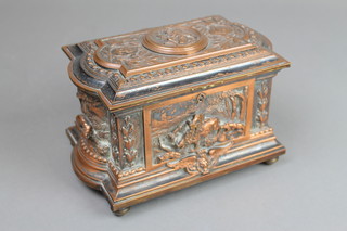 An Edwardian casket trinket trinket box with classical panels and figures of boar, deer and hounds, ex-plated 7 3/4" 