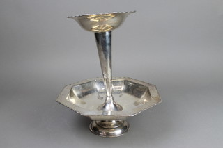 An Edwardian silver plated table centre piece with tapered top and octagonal bowl 13" 