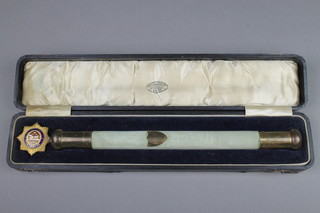 An early 20th Century cased gilt and enamelled Odd Fellows baton with engraved escutcheon 15" 