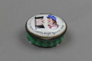 An 18th Century Bilston enamelled novelty patch box, the lid with amusing script - One month after marriage, one month before marriage, with mirrored interior 1 1/4" 