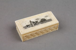 A modern carved bone rectangular snuff box with maritime scene