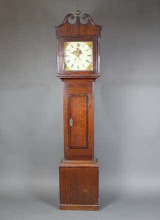 Bradford of Tiverton, an 18th Century 30 hour striking longcase clock, the 11"  dial with gilt floral spandrels painted a church and with calendar aperture, contained in an oak case 81" 