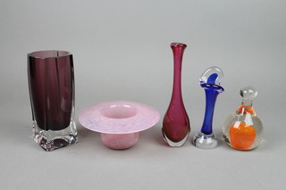 A pink Art Glass squat vase 6" and 4 other items