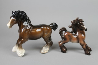A Beswick figure of a brown shire horse 10", a Continental figure of a foal 8" 