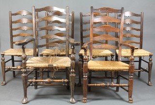 A harlequin set of 6 elm ladderback dining chairs with woven rush seats comprising 2 carvers, 4 standard - 1 stretcher missing, 