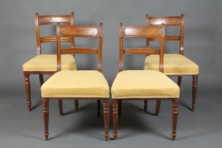 3 Georgian mahogany bar back dining chairs with shaped mid rails and upholstered seats, raised on turned supports, together with 1 other
