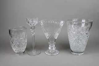 A cut crystal table centre piece on tapered stem 12" and 3 cut glass vases