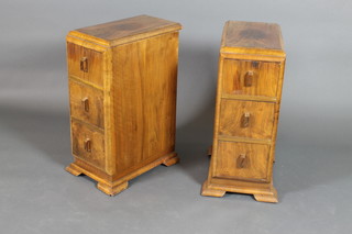 A pair of Art Deco figured walnut bedside chests of 3 long drawers, raised on bracket feet 28"h x 10 1/2"w x 18"d 