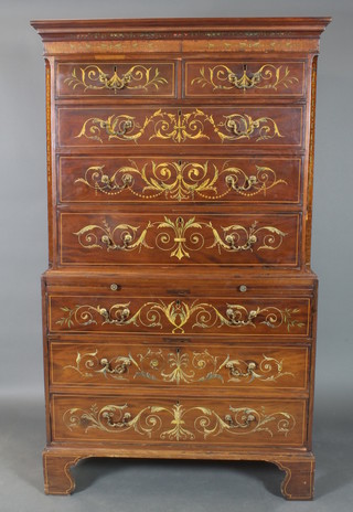 A 19th Century Sheraton style painted mahogany chest on chest, the upper section with canted corners and moulded cornice fitted 2 short and 3 long drawers, the base fitted a brushing slide above 1 long and 2 long dummy drawers, raised on bracket feet with brass swan neck drop handles, painted with floral garlands throughout 78 1/2"h x 45 1/2"w x 22 1/2"d 