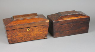 A Victorian rosewood sarcophagus shaped tea caddy with hinged lid (no interior) 6 1/2"h x 11 1/2"w x 5 1/2"d, together with one other with arched lid and brass escutcheon, complete with mixing/sugar bowl, raised on bun feet (1 foot missing) 