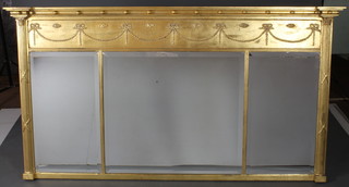 A Georgian style rectangular triple plate over mantel mirror contained in a gilt frame with moulded cornice, ball stud decoration and swags, having columns to the side 45"h x 84"w 