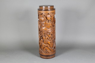 A cylindrical Chinese carved rosewood pedestal decorated courtly scenes 36"h x 12" diam. 