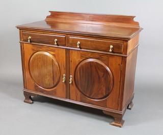 An Edwardian mahogany sideboard with raised back above 2 drawers, the base fitted a cupboard enclosed by circular panelled doors, raised on bracket feet 40"h x 48 1/2"w 