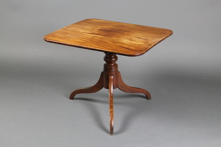 A rectangular mahogany snap top occasional table raised on pillar and tripod supports 21"h x 26"w x 23"d, cut down 