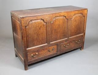 A 17th/18th Century oak mule chest with hinged lid and arched panels to the front above 2 long drawers, raised on square supports 35"h x 53"w x 19"d 