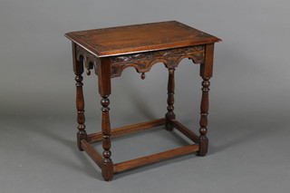 A Victorian rectangular carved oak occasional table, raised on turned and block supports 25"h x 26"w x 18"d (possible reduced in height) 