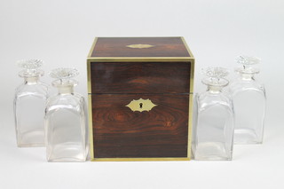 D & J Diller of Covent Garden, a Georgian rosewood and brass banded decanter box with brass escutcheons and brass counter sunk handles, fitted 4 square cut glass decanters with mushroom stoppers, 8 1/2"h x 8"w x 8"d 