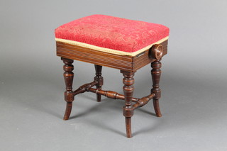 A rectangular Edwardian mahogany adjustable piano stool, raised on turned supports with H framed stretcher 19"h x 17"w 