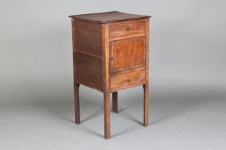 A Georgian mahogany square enclosed wash stand with hinged lid, revealing bowl receptacle, the base fitted a cupboard above 1 long drawer 30"h x 15"w x 15"d 