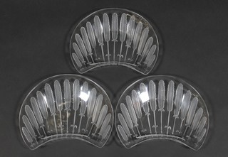 A set of three Lalique clear and frosted glass crescent shaped salad dishes, decorated with stylised wheat sheaths, engraved lower case script, Lalique France 8" 