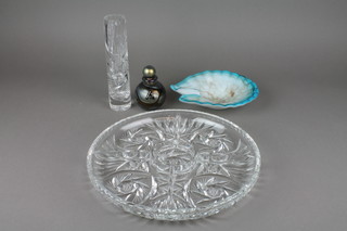 A Studio coloured glass shell shaped dish 7" and minor glassware