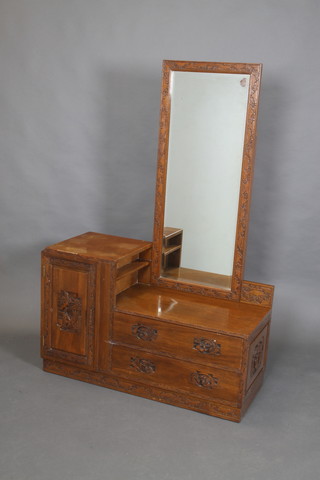 A Chinese carved camphor dressing table with mirror, fitted a cupboard to side above 1 long drawer 60"h x 42"w x 16"d  