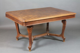 A French oak dining table with parquetry top raised on cabriole supports with H framed stretcher 29"h x 55"l x 44"w 