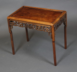 A rectangular Chinese occasional table with pierced apron raised on turned supports 19"h x 22w x 14"d 