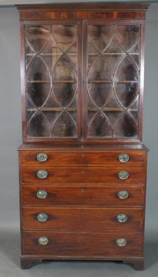 A Georgian mahogany secretaire bookcase with satinwood stringing, the upper section with moulded and dentil cornice, the interior fitted adjustable shelves enclosed by astragal glazed panelled doors, the base fitted a well fitted secretaire drawer with numerous drawers within above 3 long drawers, 90"h x 45"w x 22"d 