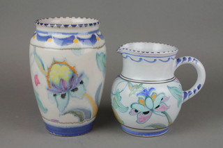 A 1930's Honiton baluster vase decorated with stylised flowers 8", a similar jug 7" 