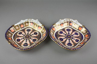 A pair of Royal Crown Derby Japan pattern scallop shaped dishes with scroll handles 10" 