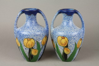 A pair of 1920's 2 handled vases decorated with stylised tulips 8" 