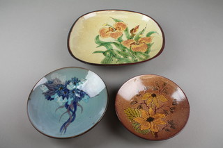 A Chelsea Pottery Studio shallow dish decorated with flowers 9", 2 others