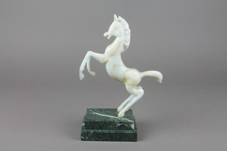 A Sabino style Art Deco glass figure of a rearing horse on a marble base 9" 