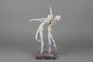 A Sabino style Art Deco glass figure of 2 naked dancers on a marble base 11" 