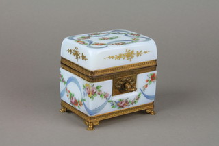 A French painted glass trinket box decorated with roses and ribbons with gilt metal mounts on claw feet 4" 