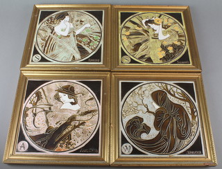 A set of 4 Art Nouveau polychrome tiles decorated the Four Seasons 8" x 8" 