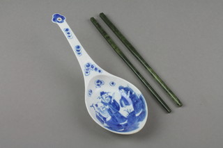 A Chinese blue and white spoon shaped dish decorated with dignitaries 9", a pair of nephrite chopsticks 