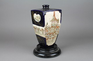 A Satsuma square shaped tapered vase with panels of landscape views and an extensive band of figures in a town scape 10" 