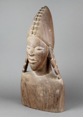 P Jamin, a carved hardwood portrait bust of an African lady 22" 